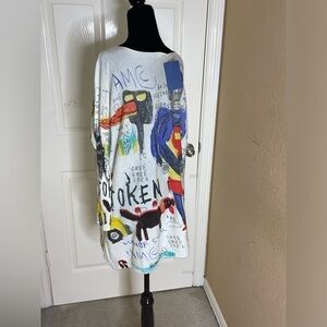 Ellazhu Sweater Womens One Size Gray Graffiti Graphic All Over Print Pullover﻿﻿﻿